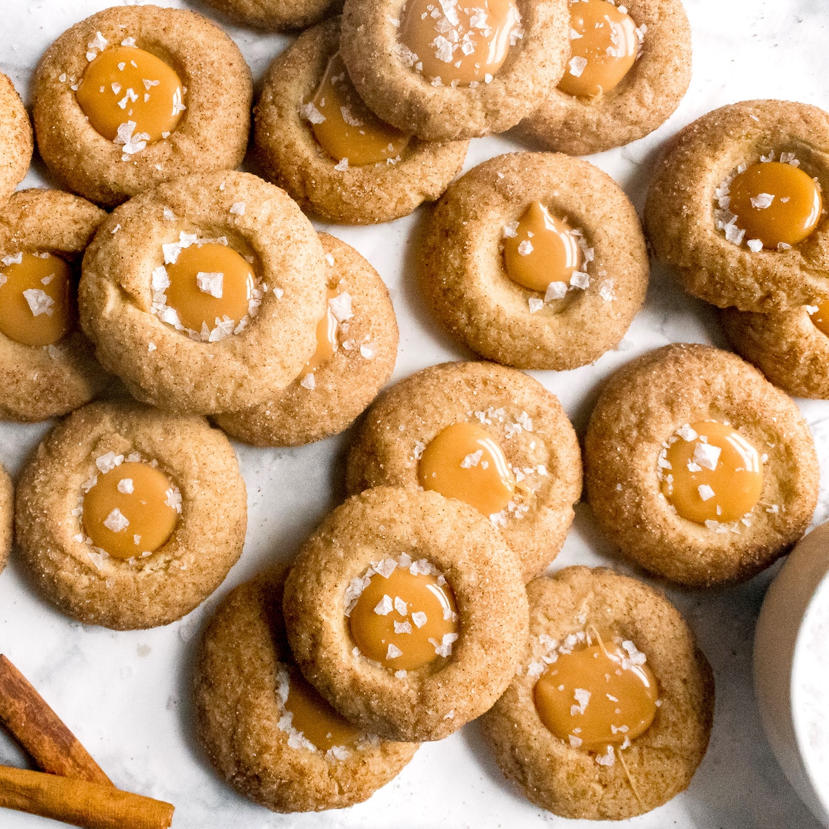 salted caramel thumbprint cookies seen from above