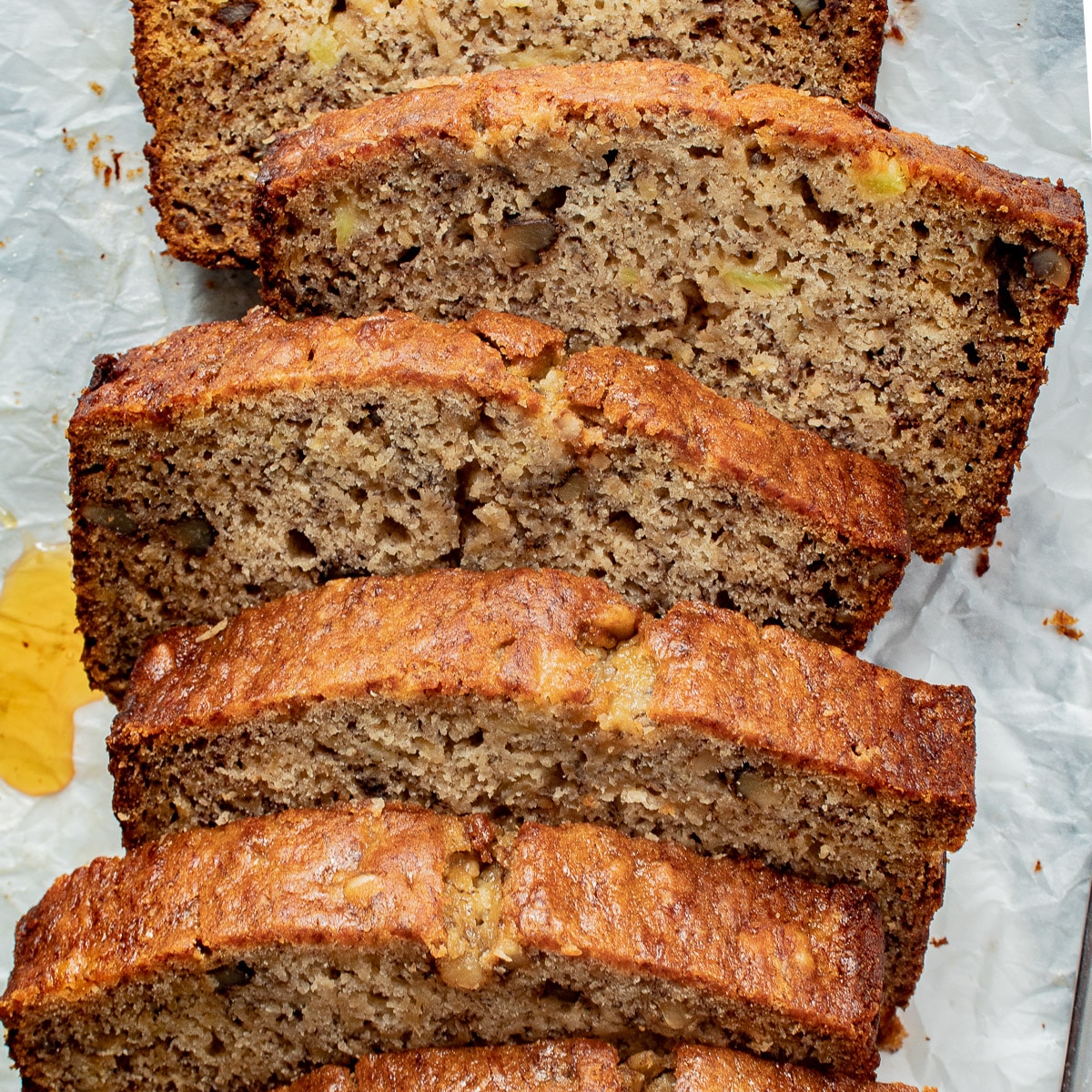 stacked pineapple banana bread seen from above