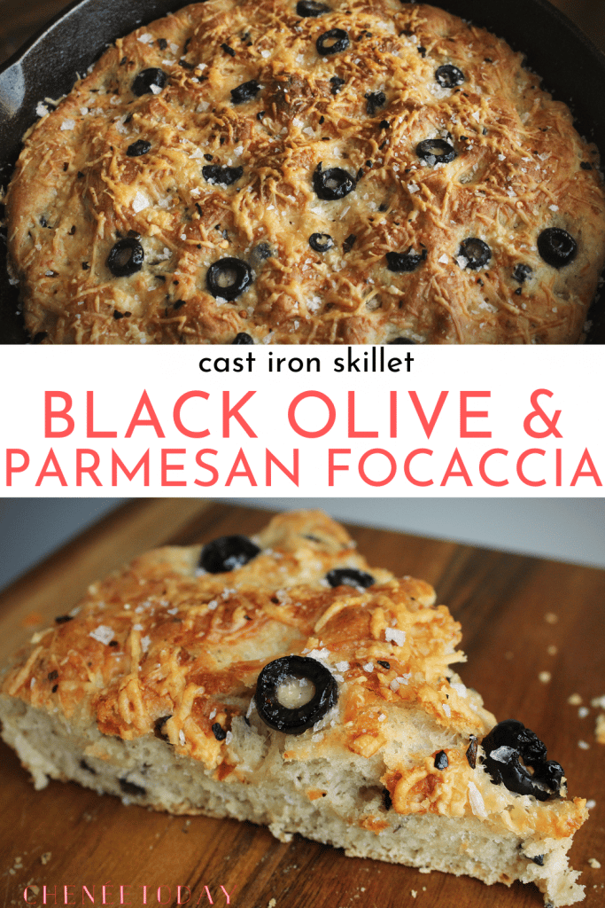 Easy Skillet Black Olive and Parmesan Focaccia Bread Recipe | Chenée Today 