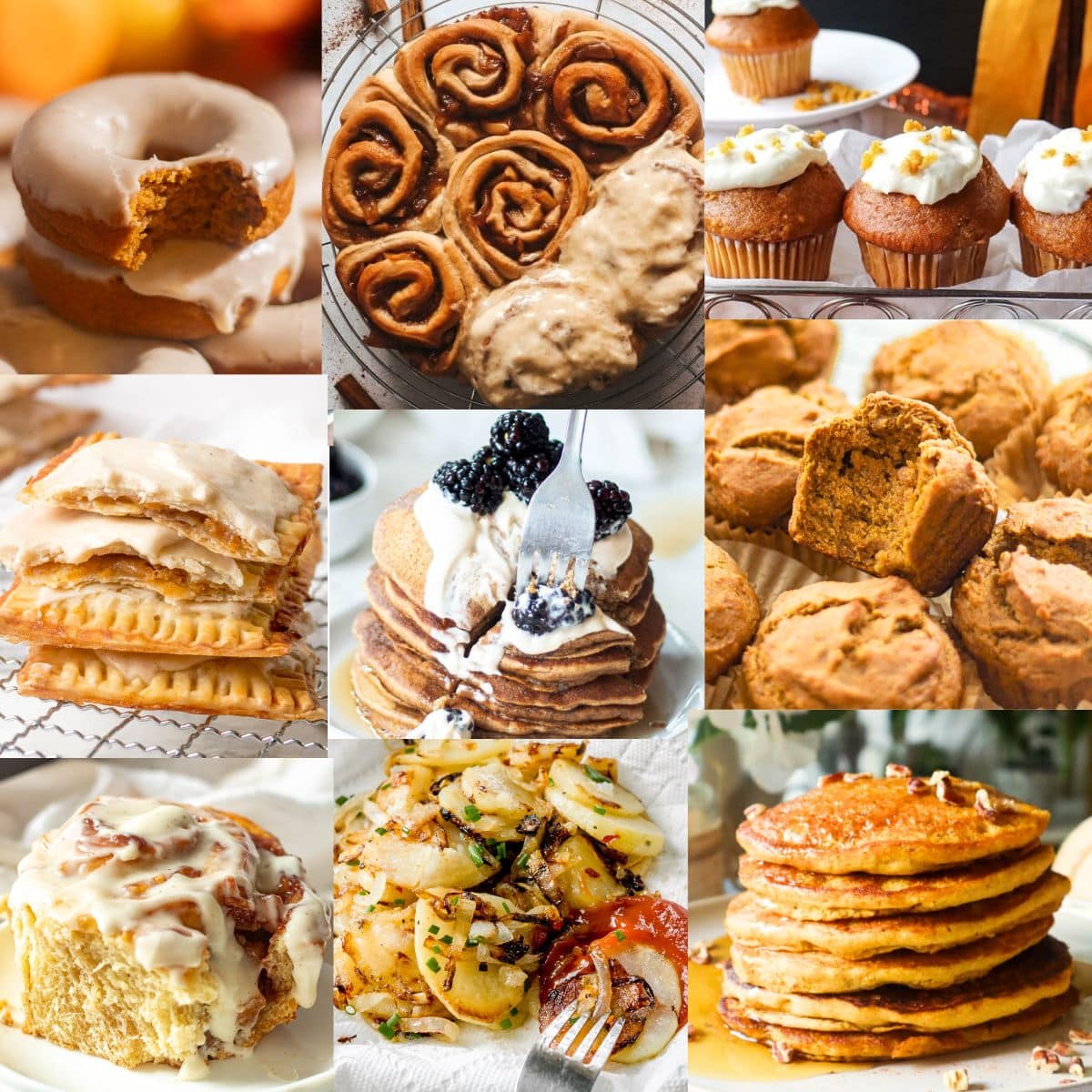 Collage of nine thanksgiving breakfast ideas including pancakes, cinnamon rolls, donuts, and hash browns.