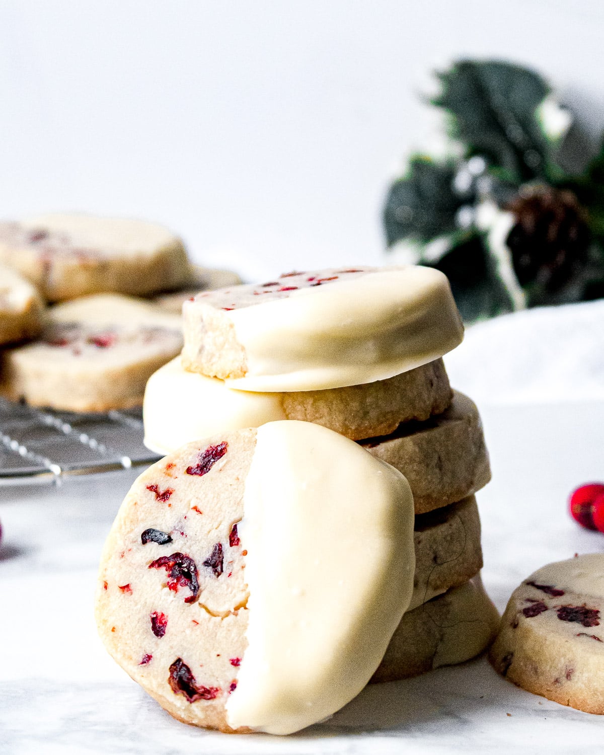 stack of cranberry white chocolate shortbread cookies
