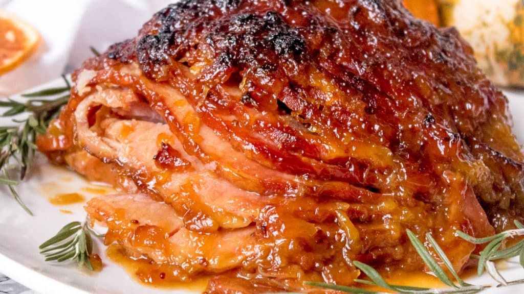 Close up of pressure cooker ham sliced on a plate