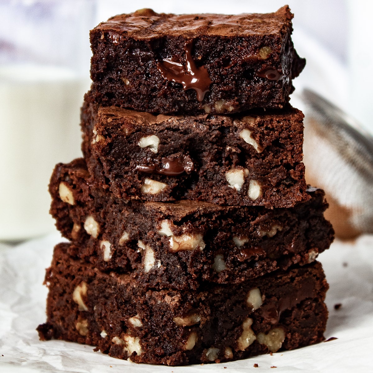 stack of dark chocolate walnut brownies