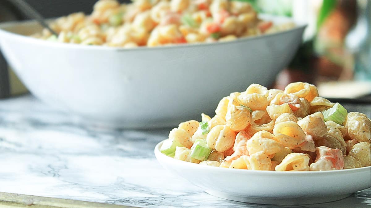 easy shrimp macaroni salad in a bowl 