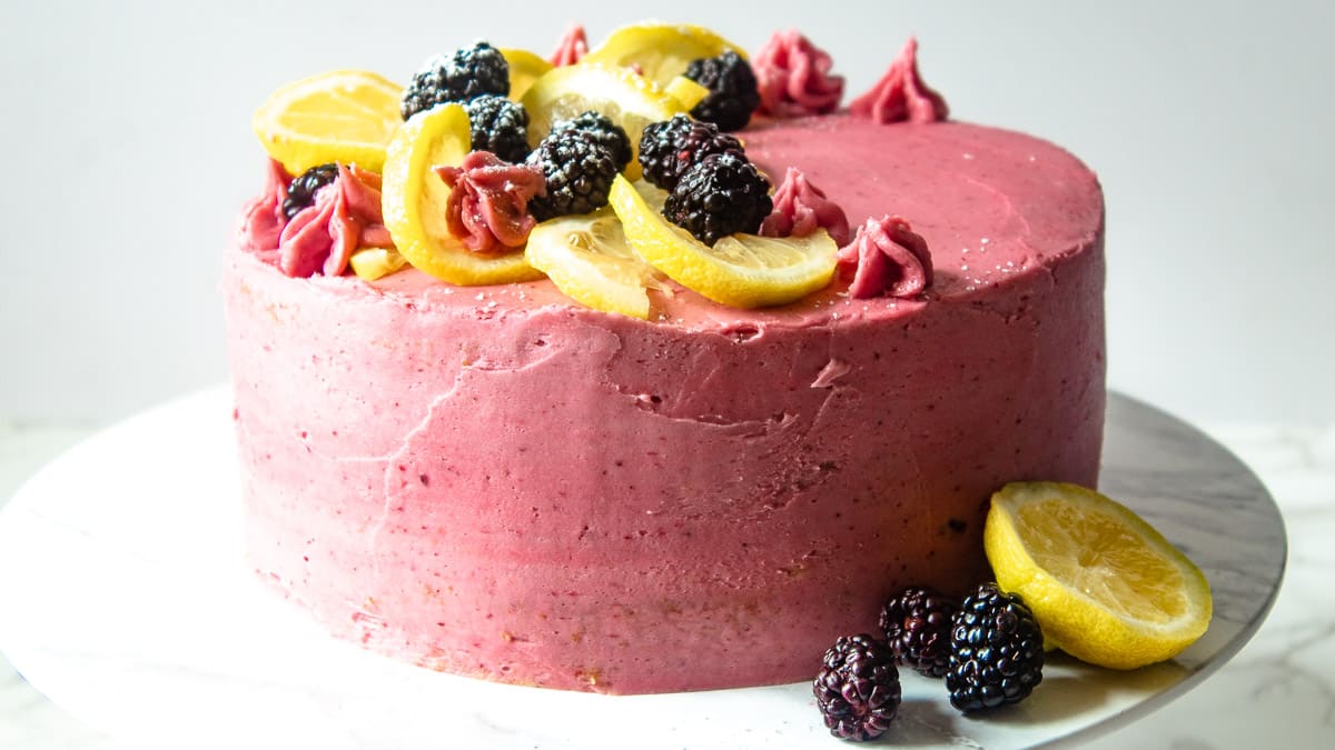 Frosted and decorated easy blackberry cake