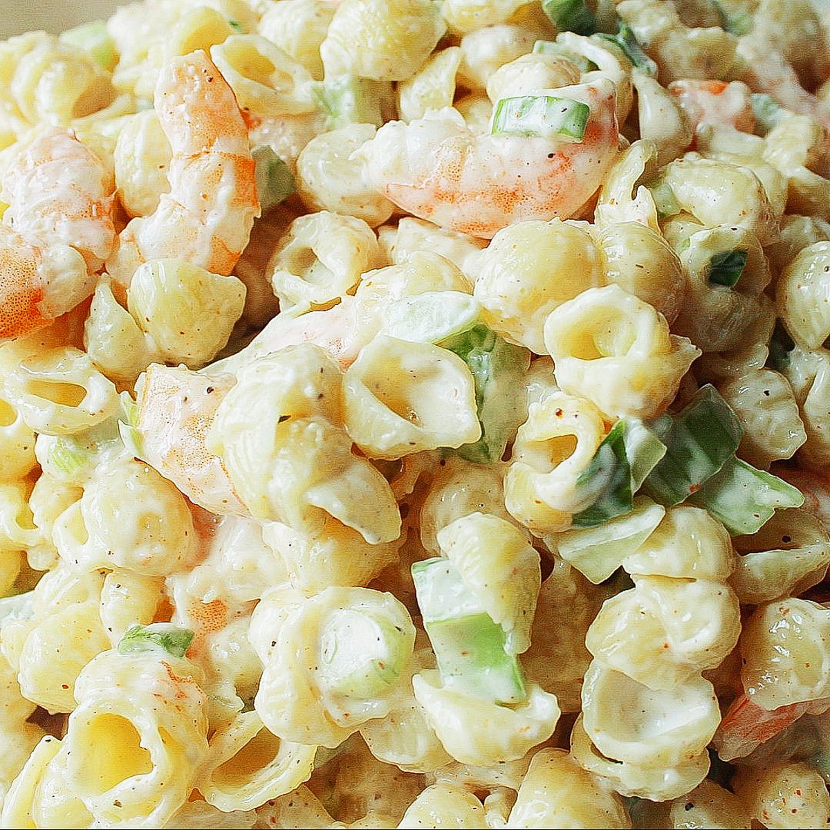 Closeup of shrimp macaroni salad
