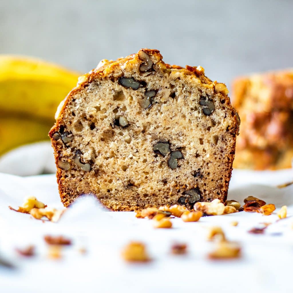 cut loaf of dairy free banana bread