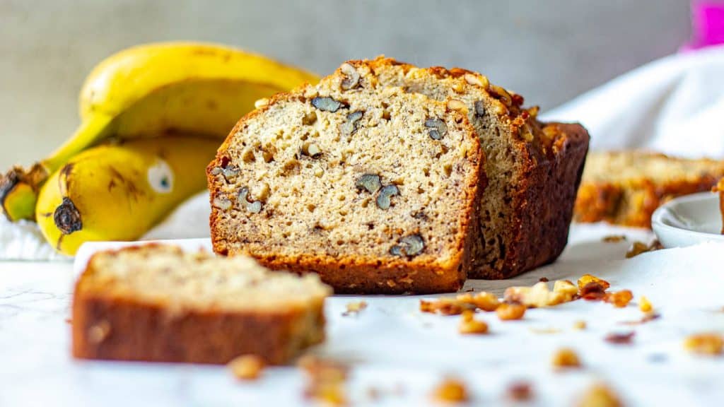 cut loaf of dairy free banana bread