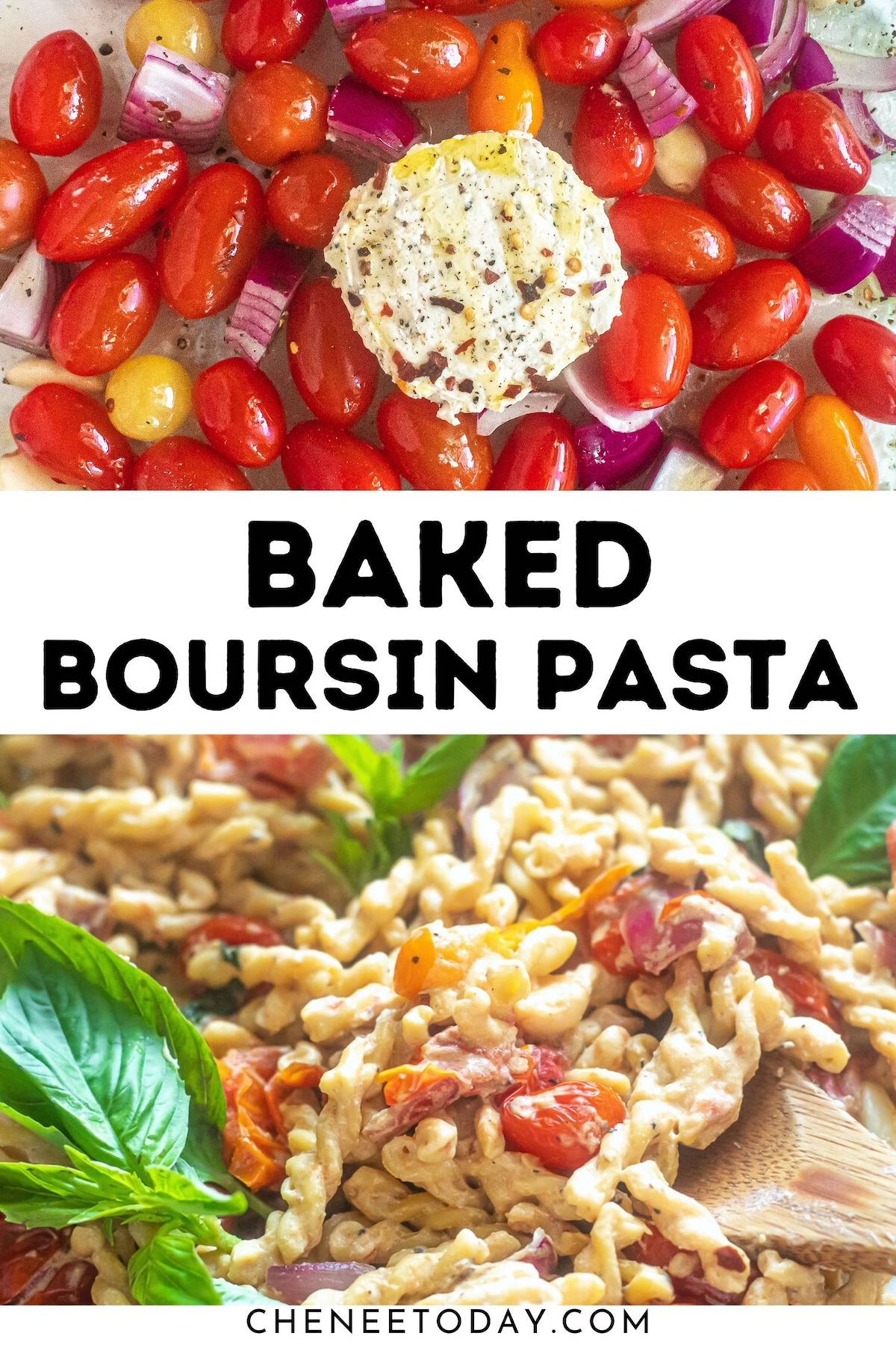 shots of baked boursin pasta recipe before and after baking