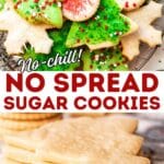 pin image for no spread sugar cookies, with unfrosted cookies stacked and iced cookies with sprinkles on a wire rack.