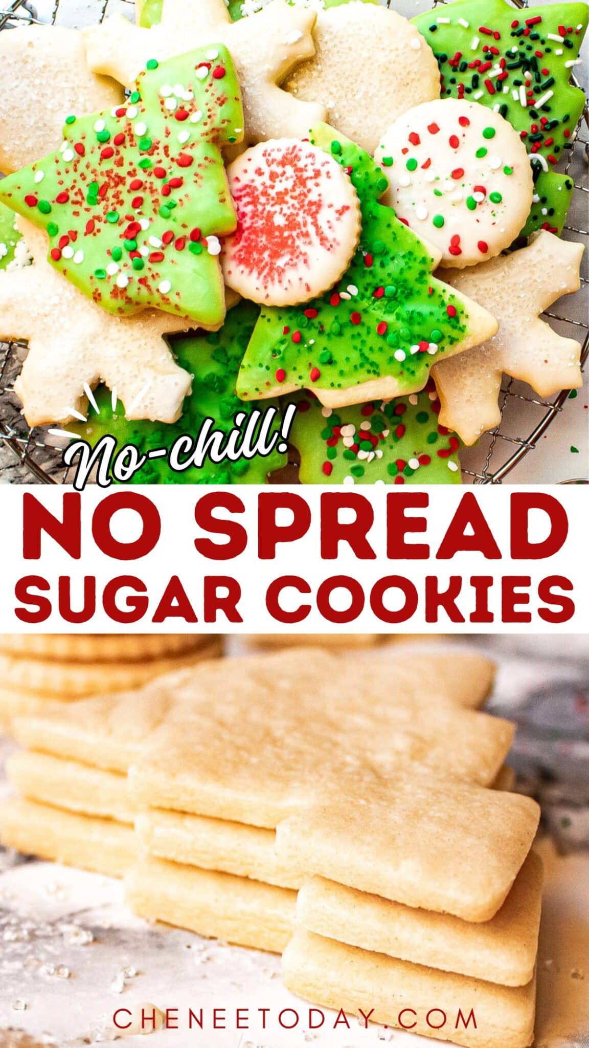 pin image for no spread sugar cookies, with unfrosted cookies stacked and iced cookies with sprinkles on a wire rack.