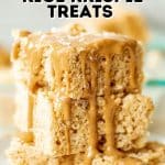 pin for peanut butter Rice Krispie treats - treats stacked together and drizzled with melted peanut butter