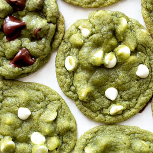 overhead shot of matcha cookies with chocolate chips and white chocolate chips
