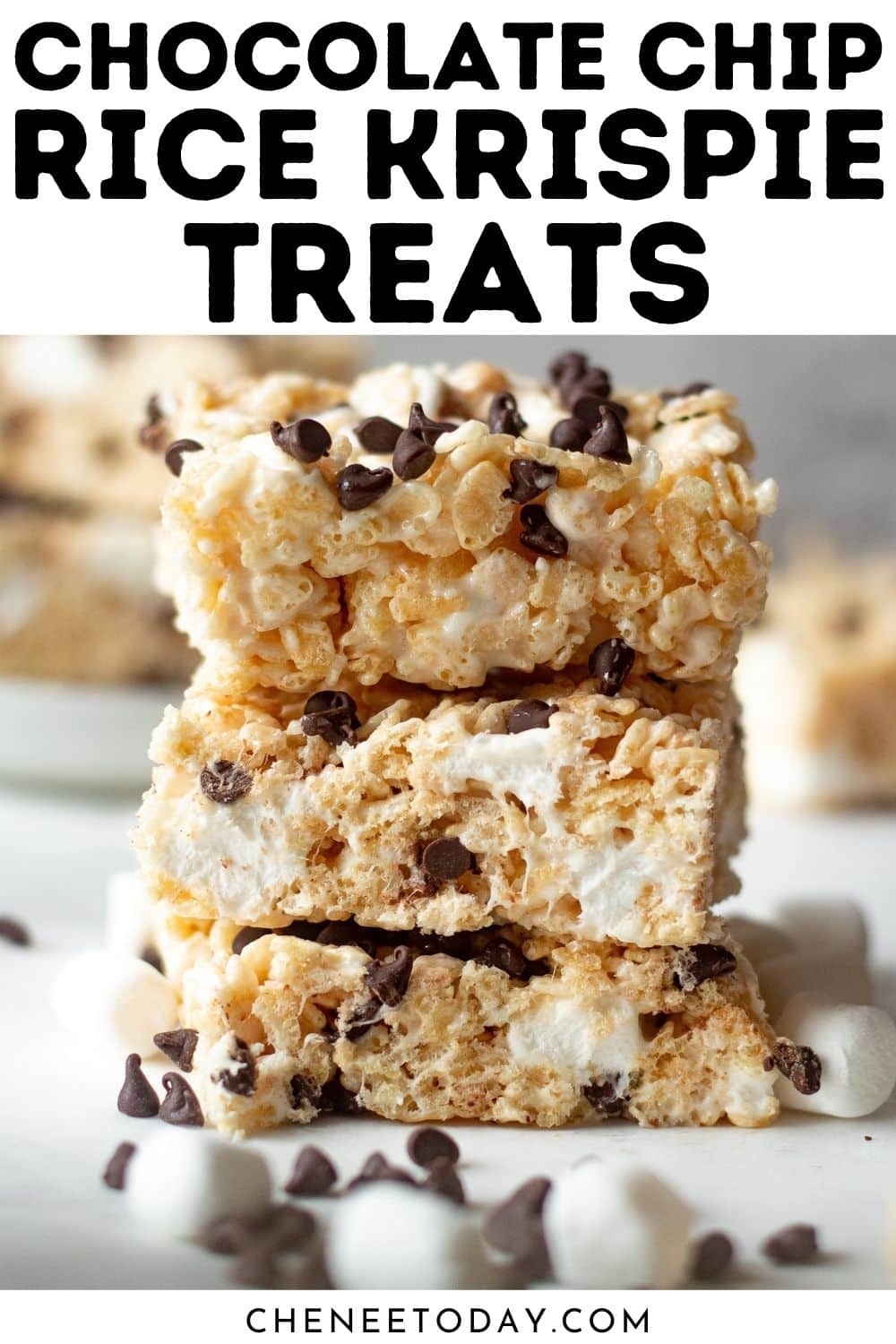 stacked Rice krispie treats with chocolate chips
