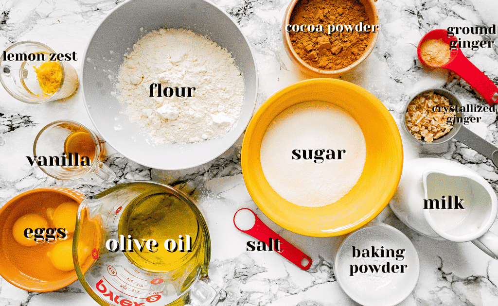 ingredients for chocolate olive oil cake