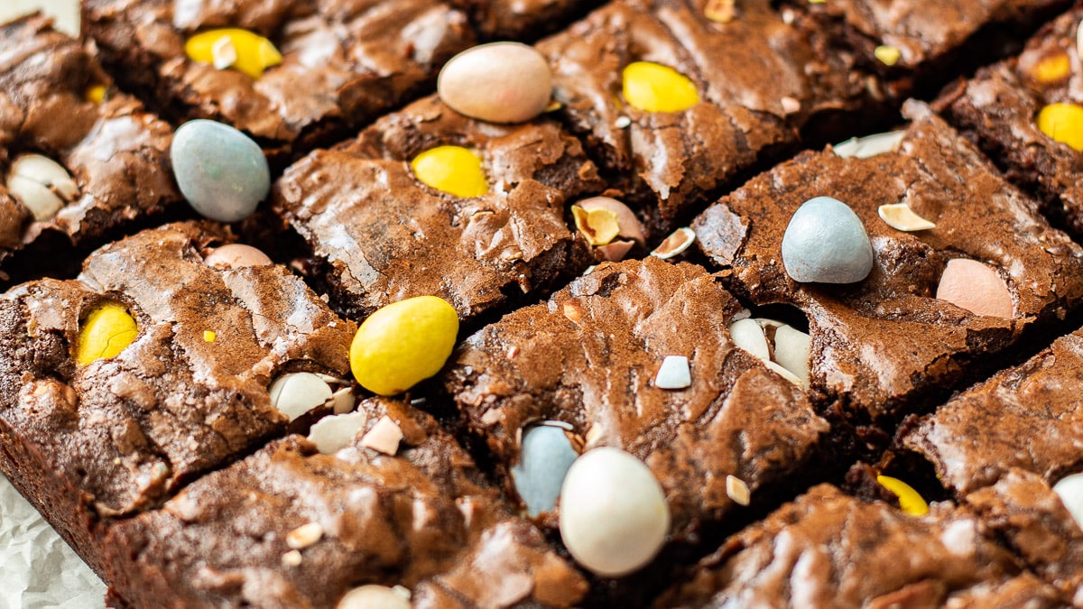 mini egg brownies cut into pieces