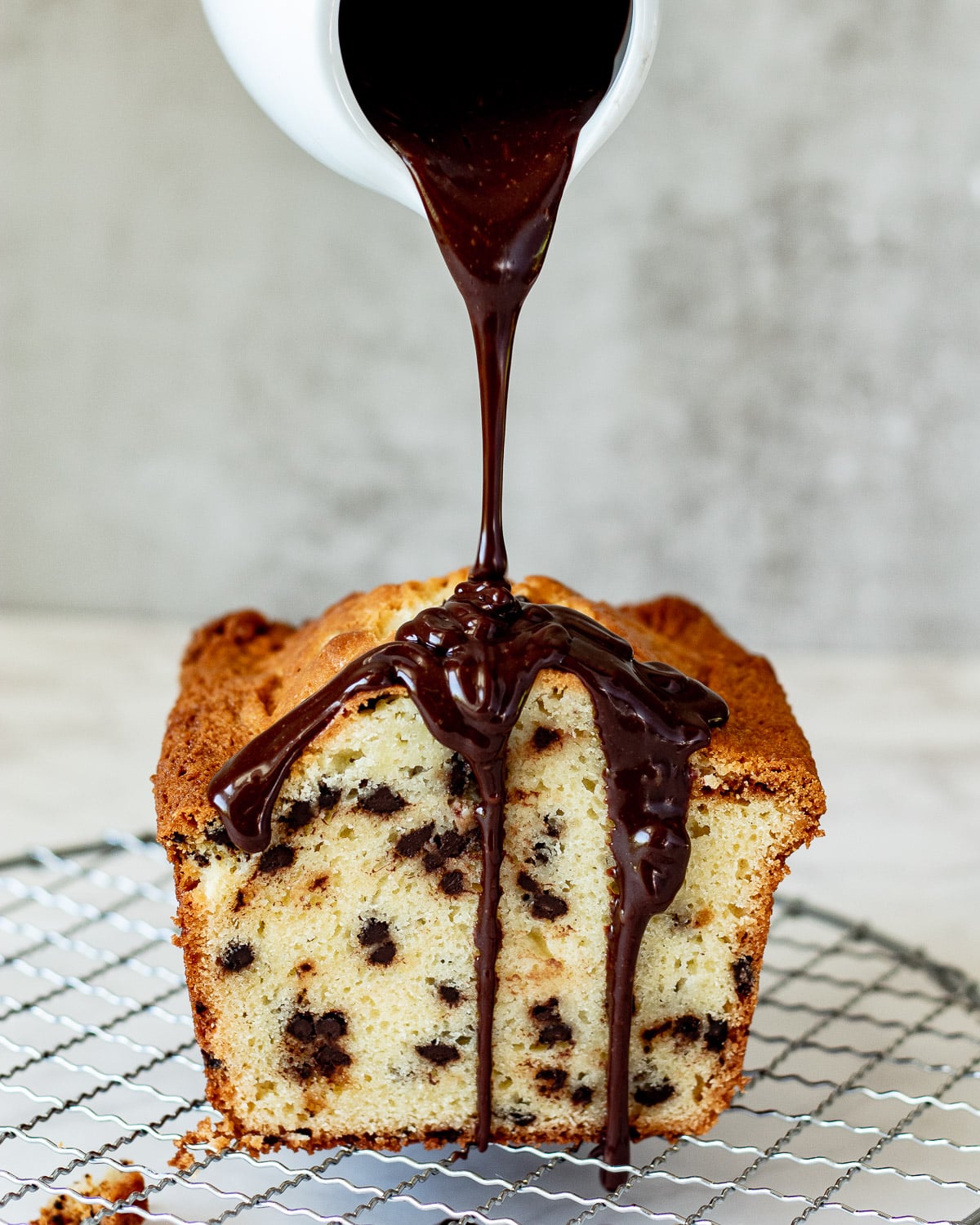 chocolate chip loaf cake with chocolate ganache