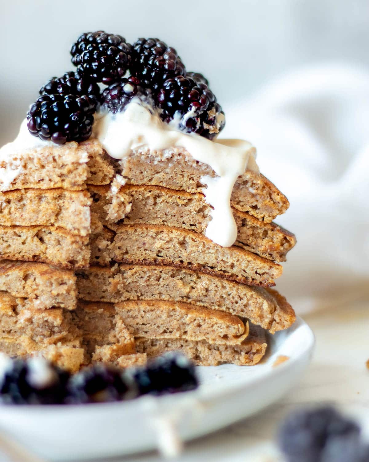 close up of oat milk pancakes for one stacked