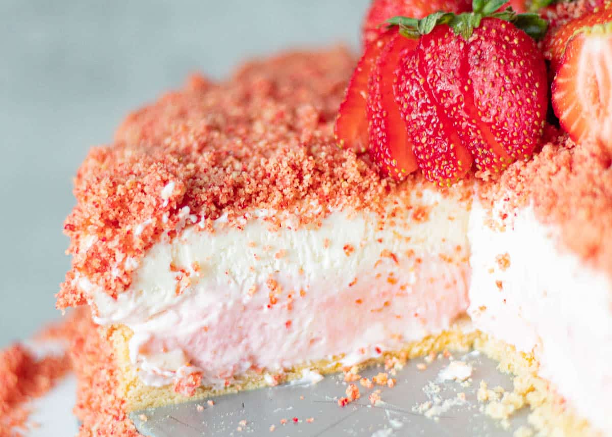 close up of strawberry crunch cheesecake