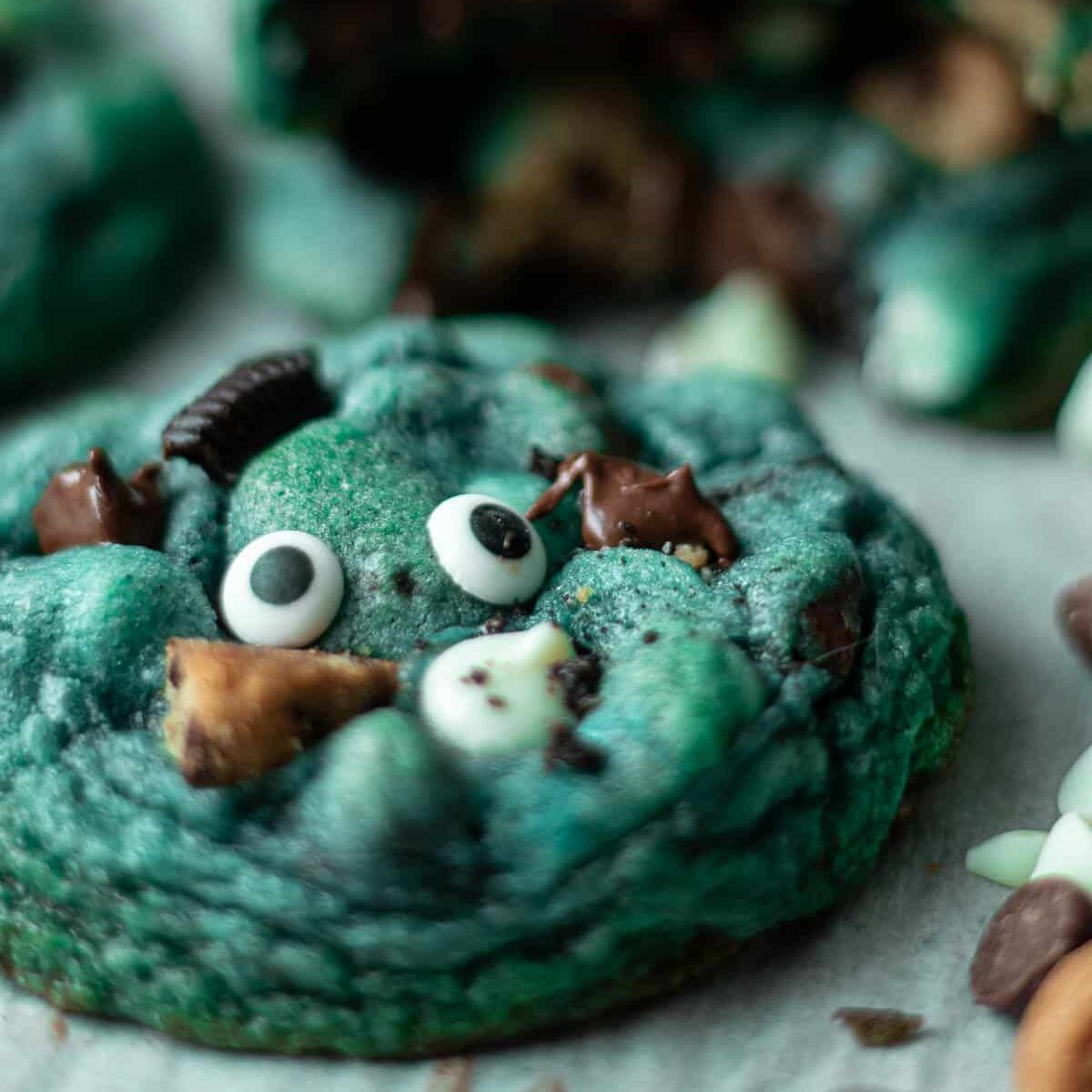 closeup of cookie monsters cookies