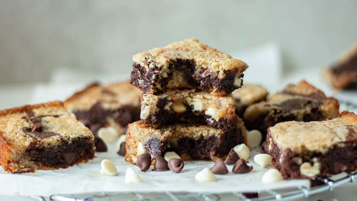 pecan blondie brownie recipe stacked with chocolate chips