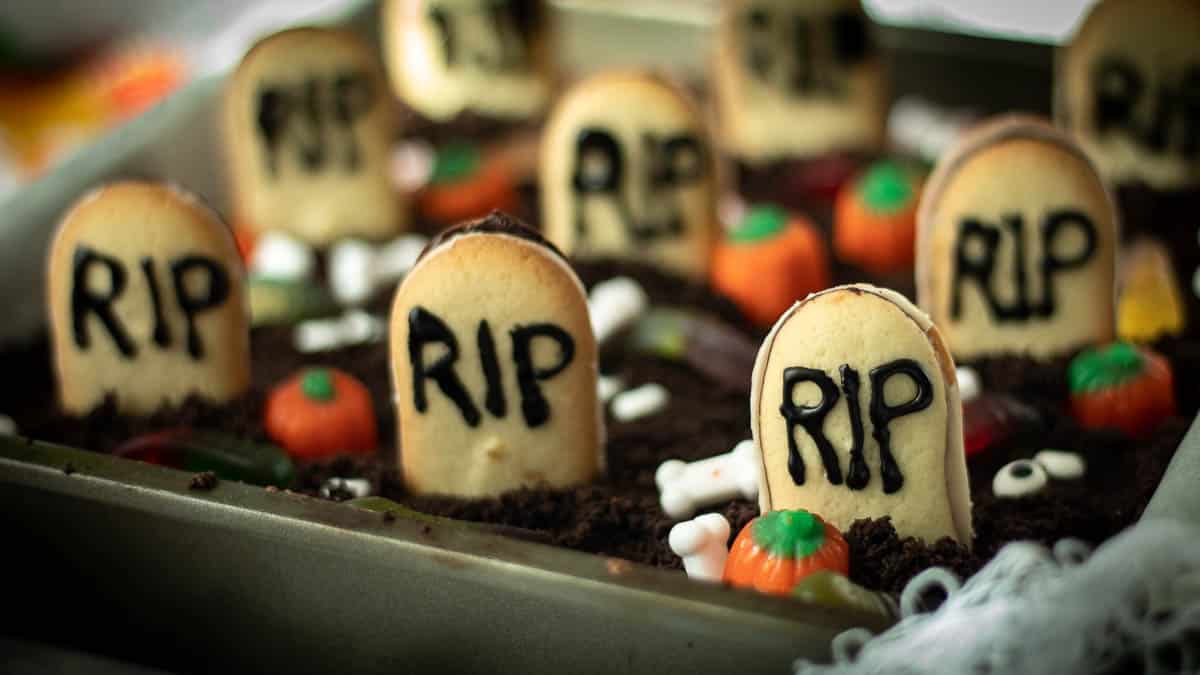 graveyard brownies in a tray