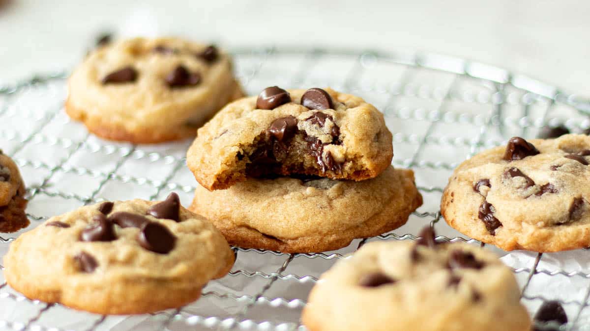eggless chocolate chip cookies without brown sugar on a wire rack