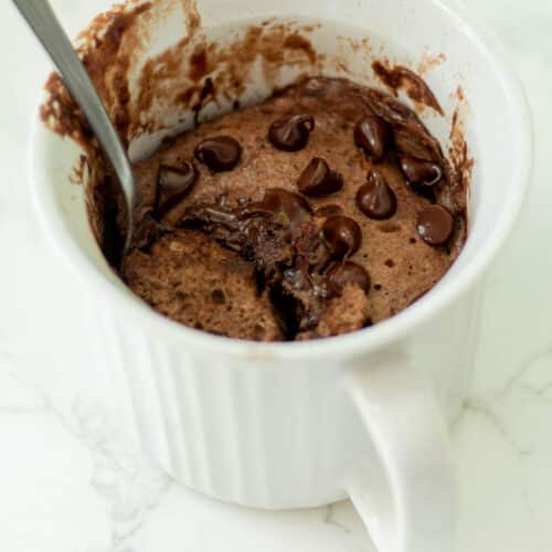 protein mug cake topped with chocolate chips
