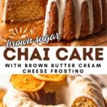 A chai bundt spice cake topped with cream cheese frosting and garnished with dried orange slices, displayed on a wooden stand. The text overlay reads "Chai Cake Bundt Spice Cake with Cream Cheese Frosting," along with the website "cheneetoday.com."