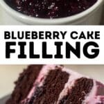 Visual guide for blueberry cake filling, showing a ramekin of thick blueberry compote, bold text reading “Blueberry Cake Filling,” and a slice of chocolate cake layered with blueberry filling and pink frosting.