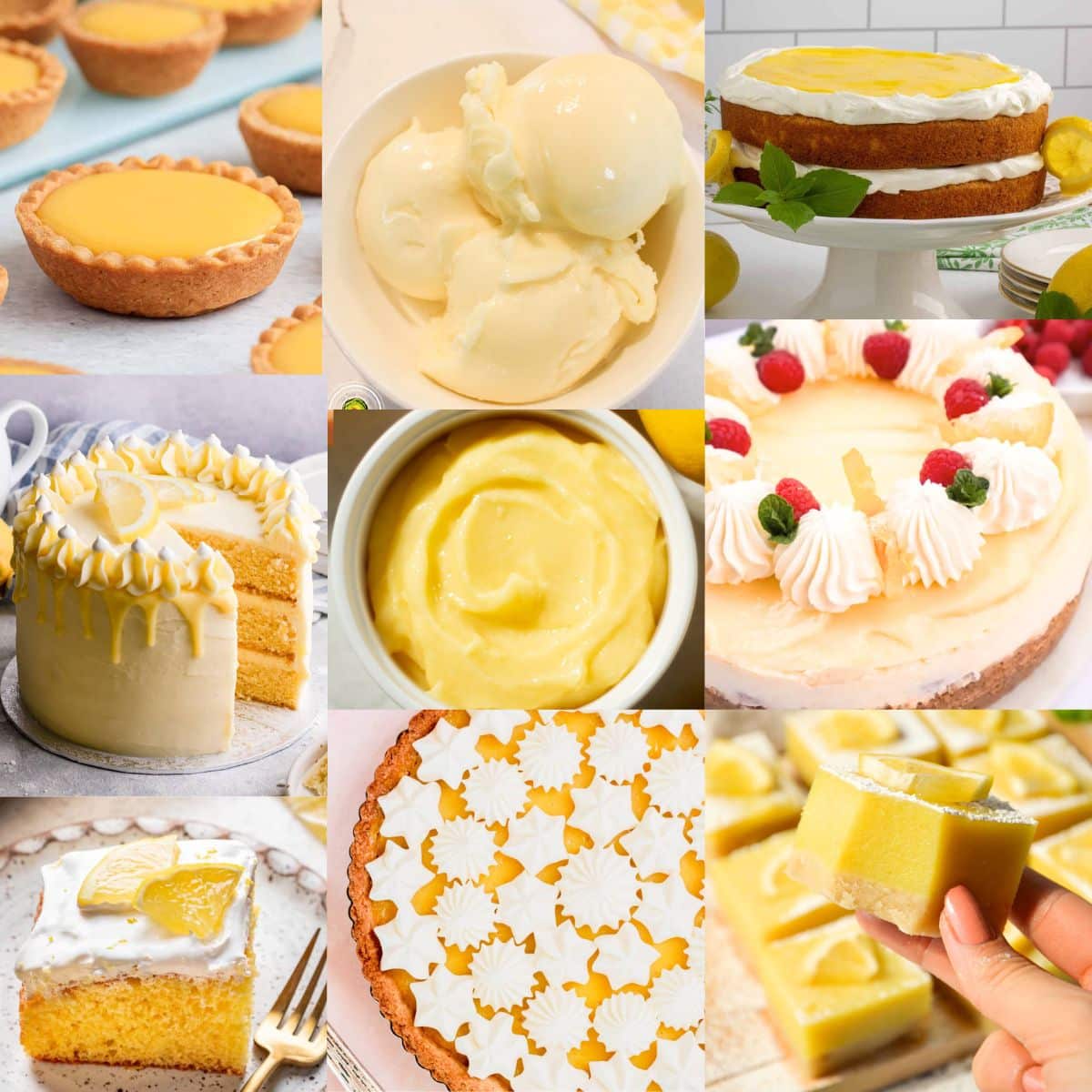 Collage of recipes with lemon curd and recipes using lemon curd including lemon curd cake, lemon bars, lemon tarts, and lemon curd chicken.