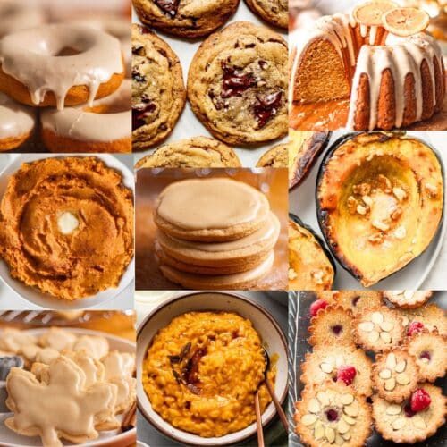 Collage of brown butter recipes, brown butter desserts, brown butter cookies, and savory brown butter dishes.