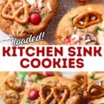 Wire rack of chewy kitchen sink cookies loaded with M&Ms, pretzels, and potato chips.