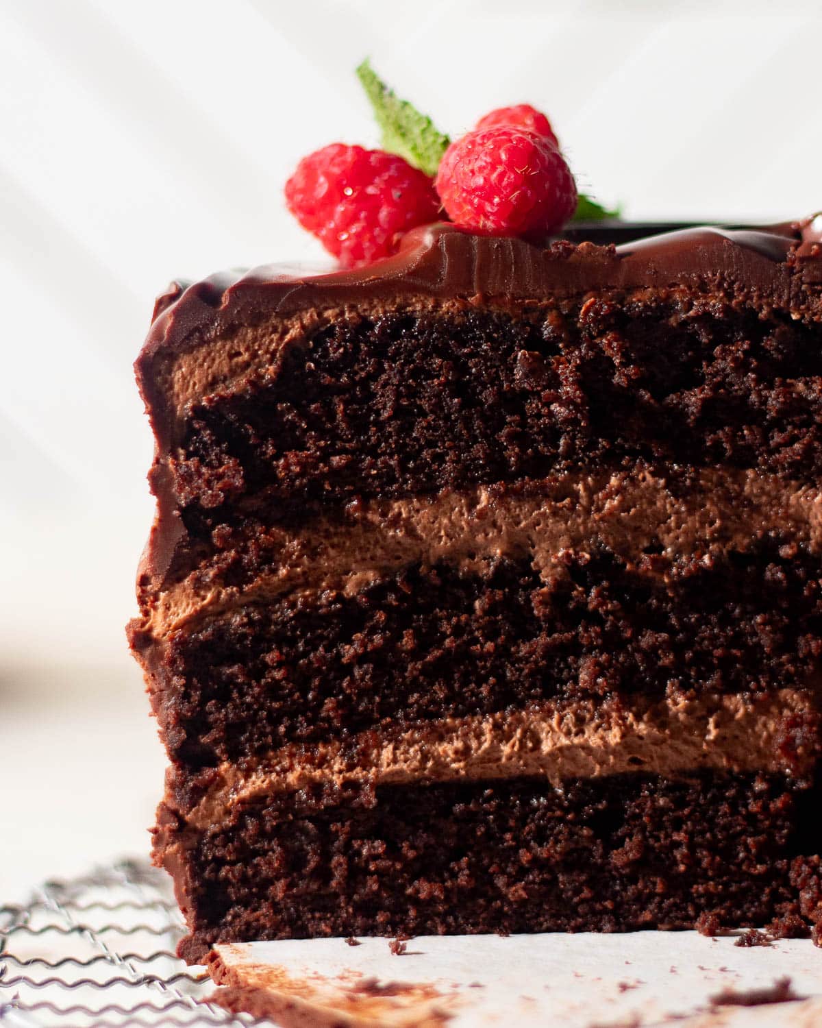 Cross-section of a rich chocolate mousse cake with layers of mousse filling and moist cake, an easy chocolate mousse cake recipe for chocolate lovers.