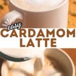 Easy cardamom latte recipe with steamed milk being poured into espresso to make a creamy homemade cardamom latte.
